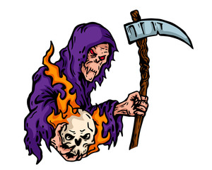 Vintage Tattoo Art Illustration - Scary Grin Reaper Holding A Flaming Skull © naulicreative