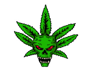 Vintage Tattoo Art Illustration - Organic Scary Cannabis Skull