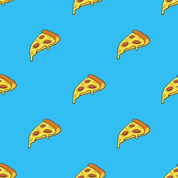 Vector illustration. Seamless pattern with pizza slice in pop art style on blue background. Fast food and italian cuisine. Pattern with contour