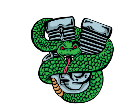 Vintage Tattoo Art Illustration - Poison Rattle Snake And Motorcycle Engine