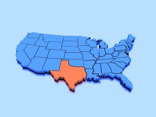 3D isolated map of USA in blue, highlighted Texas in red