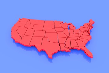 3D isolated map of USA in red on blue