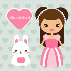 Cute princess with rabbit pet. Girl in pink dress and bunny. Vector illustration in kawaii style