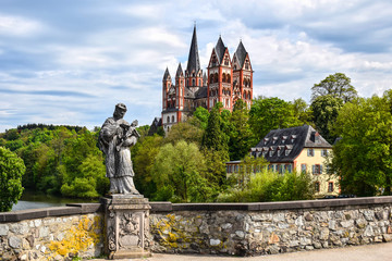 Cathedral and statue of Saint John of Nepomuk in Limburg an der Lahn, Germany