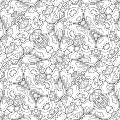 Monochrome Seamless Pattern with Mosaic Floral Motif. Endless Tribal Texture. Tile Background, Kaleidoscope. Coloring Book Page. Vector Contour Illustration. Abstract Mandala Art, Doodle Sketchy Style