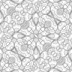 Monochrome Seamless Pattern with Mosaic Floral Motif. Endless Tribal Texture. Tile Background, Kaleidoscope. Coloring Book Page. Vector Contour Illustration. Abstract Mandala Art, Doodle Sketchy Style