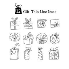 Simple Set of Gifts Vector Thin Line Icons. Gift boxes with ribbons in various shapes.
