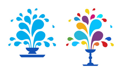 Set vector icon fountain. Logo design template fountain and drop. Blue fountain isolated on white background. A fountain of drops of paint. The festival of colors.