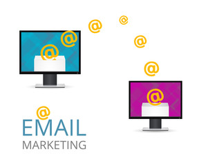 Email marketing. Conceptual illustration two computer with e-mails. Open the email on your computer. Vector envelope with the letter. 