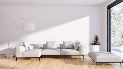 Modern bright living room, white wall. 3D rendering