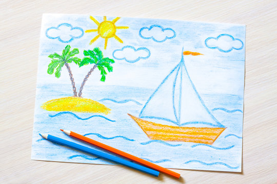 Handmade pencils drawing "Sailing boat and palms island in the sea"