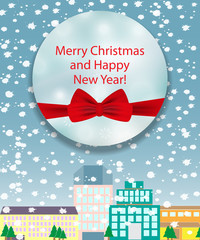 Christmas and New Year background with red bow. The city with falling snow. Vector