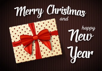 Illustration of Vector Marry Christmass Gift Card. Realistic Gift Box with Red Ribbon on top and Paper Lettering
