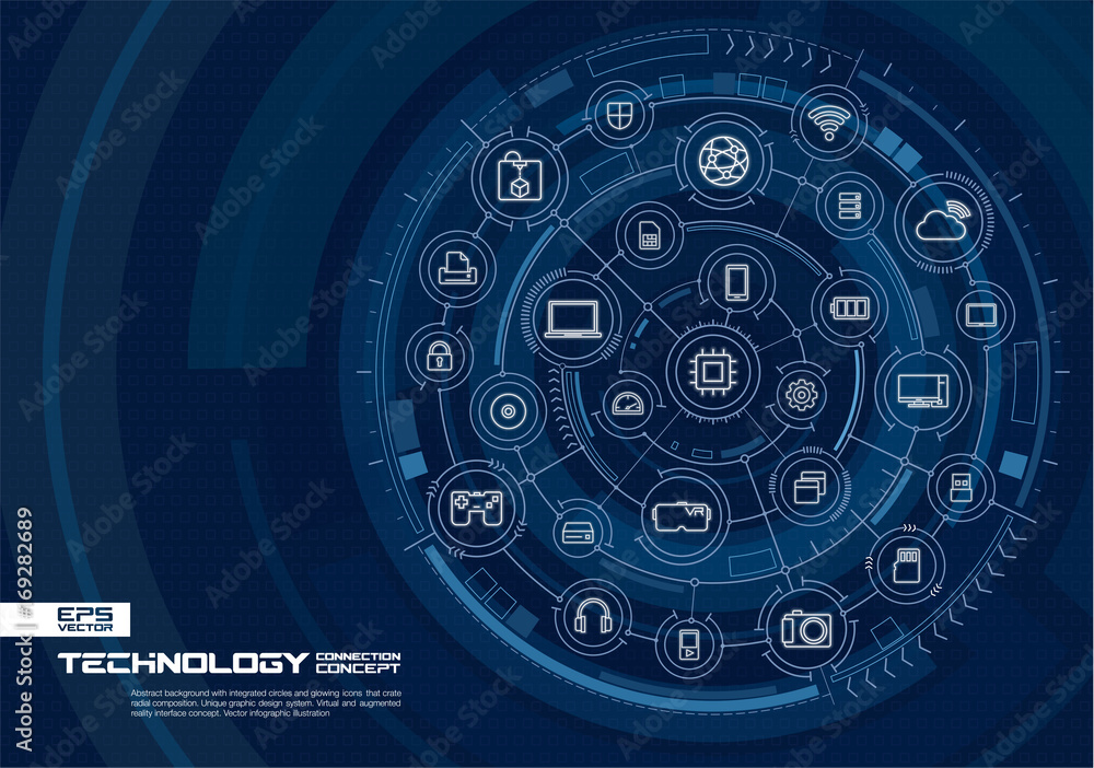 Poster abstract technology background. digital connect system with integrated circles, glowing thin line ic