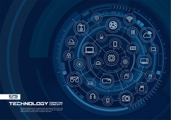 Abstract technology background. Digital connect system with integrated circles, glowing thin line icons. Virtual, augmented reality touch interface concept. Vector future infographic illustration