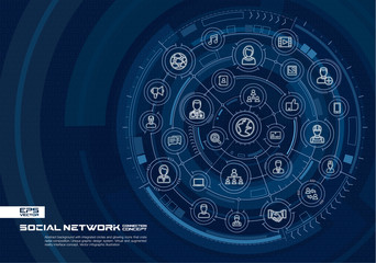 Abstract social network background. Digital connect system with integrated circles, glowing thin line icons. Virtual, augmented reality interface concept. Vector future infographic illustration