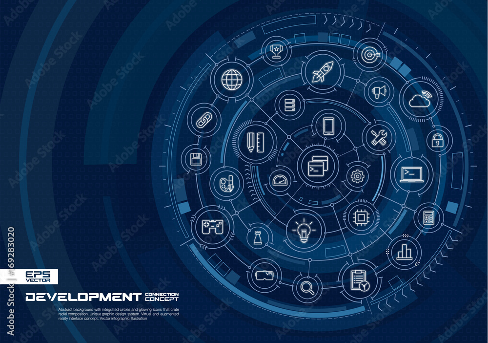 Poster abstract development, programming background. digital connect system with integrated circles, glowin