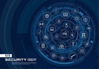 Abstract security, access control background. Digital connect system with integrated circles, glowing line icons. Virtual, augmented reality interface concept. Vector future infographic illustration - obrazy, fototapety, plakaty
