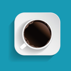 Realistic top view black coffee cup and saucer isolated on blue background. illustration