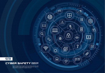 Abstract cyber security background. Digital connect system with integrated circles, glowing thin line icons. Virtual, augmented reality interface concept. Vector future infographic illustration