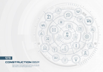 Abstract construction technology background. Digital connect system with integrated circles, thin line icons. Interface design. Engineer, architecture, build concept. Vector infographic illustration
