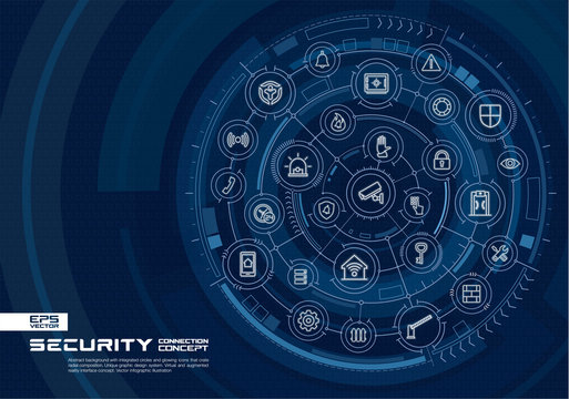 Abstract Security, Access Control Background. Digital Connect System With Integrated Circles, Glowing Line Icons. Virtual, Augmented Reality Interface Concept. Vector Future Infographic Illustration