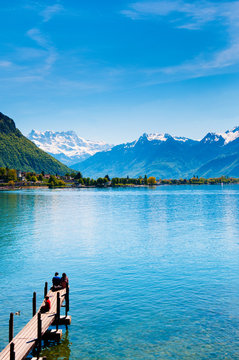 Wooden bridge at Chillon castle, Lake Geneva, Montreux, Switzerland.