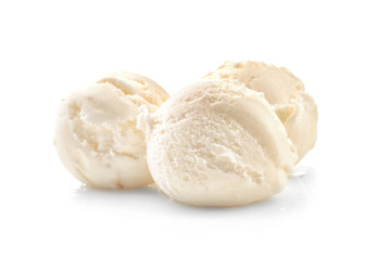 Fototapeta na wymiar Balls of delicious vanilla ice-cream on white background