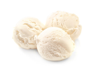 Balls of delicious vanilla ice-cream on white background