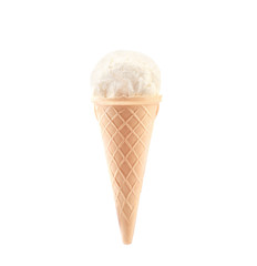Waffle cone with delicious vanilla ice-cream on white background