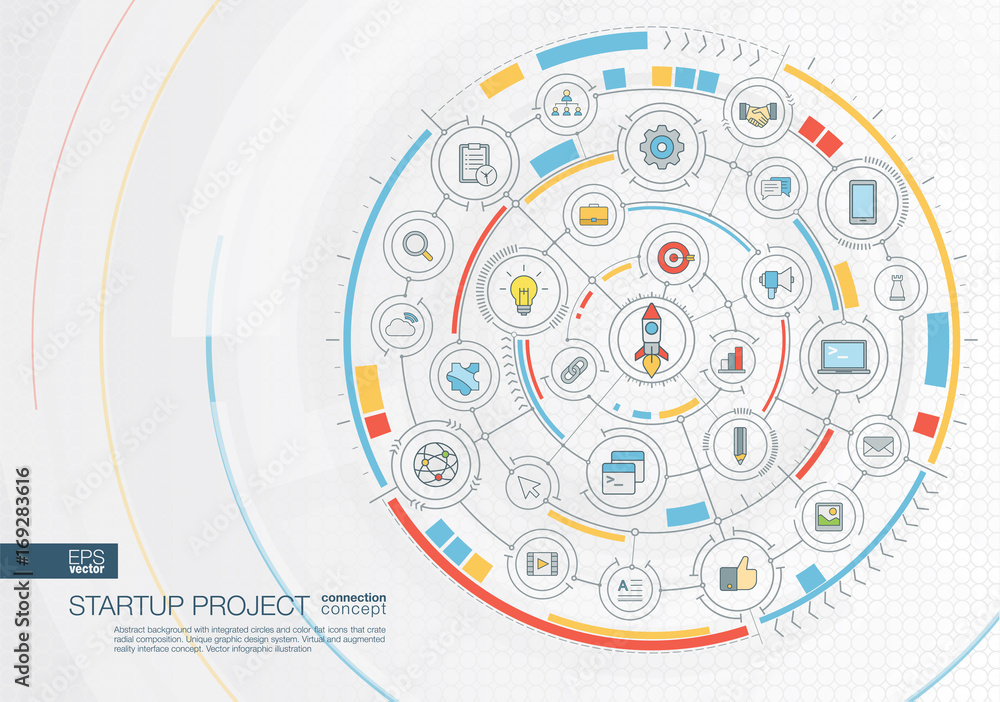 Poster abstract startup project, development background. digital connect system with integrated circles, co