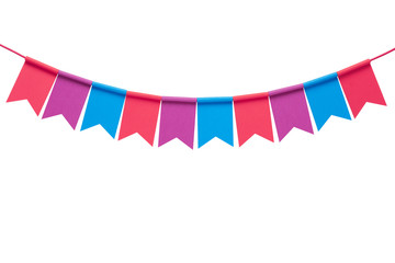 Colorful paper bunting party flags isolated on white background.