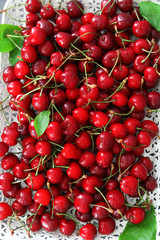 Tray with fresh ripe cherries, close up