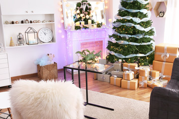 Christmas interior of living room with beautiful fir tree