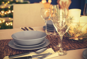Table served for Christmas dinner in living room