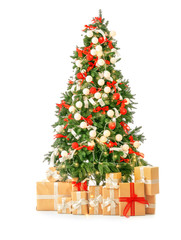 Beautiful Christmas tree with gifts on white background