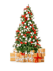 Beautiful Christmas tree with gifts on white background
