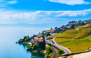 Vineyards and village in Lavaux against Geneva lake, Switzerland