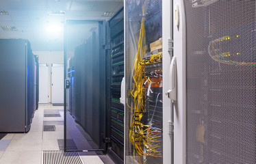 Clean industrial interior of server room with servers