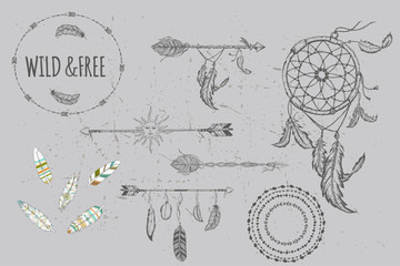 Beautiful boho elements set . buffalo skull, arrows, feathers and flowers