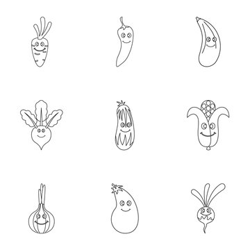 Vegetables character icon set, outline style