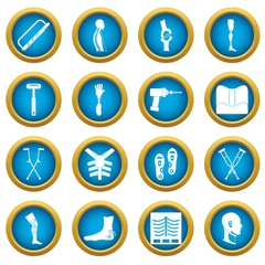 Orthopedics prosthetics icons blue circle set