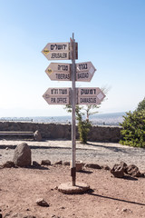 Directions sign on Mount Bental on the border between Israel and   Syria