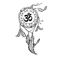 Hand-drawn dreamcatcher with feathers and om sign. Ethnic illustration, tribal