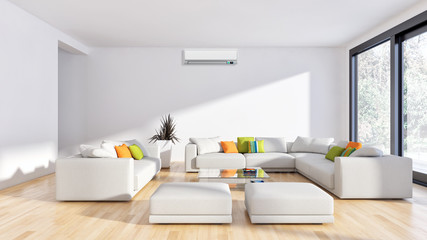 Fototapeta na wymiar Modern bright living room with air conditioning, white wall. 3D rendering