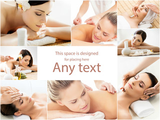 Women getting spa treatment. Health, medicine and recreation collage. Healing and massaging concept.