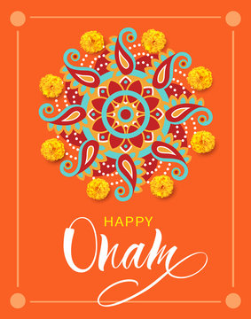 Happy Onam background with pookolam and lettering for South India festival. Vector illustration.