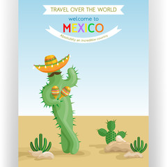 Travel poster template with cactus in sombreros. Text customized for traveling to Mexico invitation.