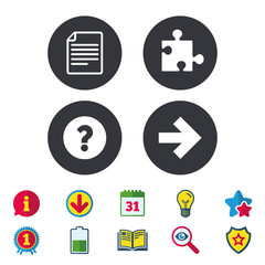 Question mark and puzzle signs. File, arrow.