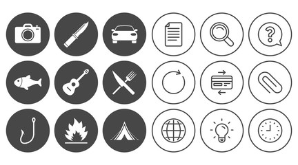 Camping travel icons. Fishing, tourist tent.